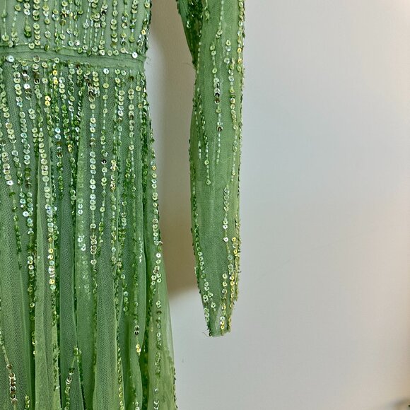 MAC DUGGAL Green Illusion High Neck Long Sleeve Embellished Gown Sage Size US 6 - Picture 7 of 16